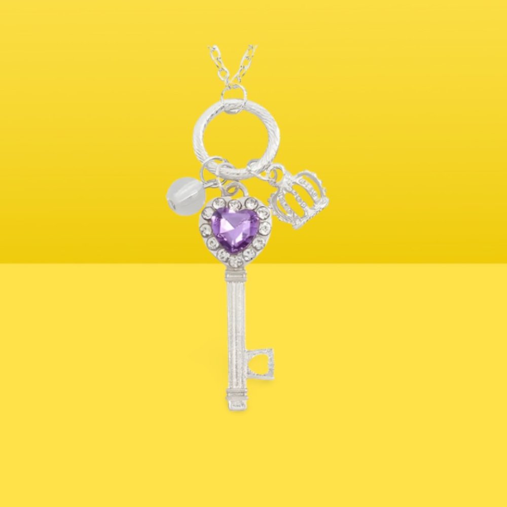 Silver Key Charm Necklace Purple Crystal
